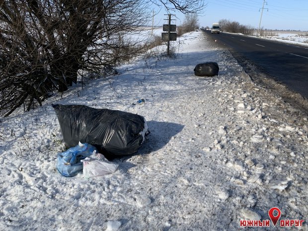 На участке дороги рядом с Южным вторую неделю лежит собранный мусор на обочине (фото)